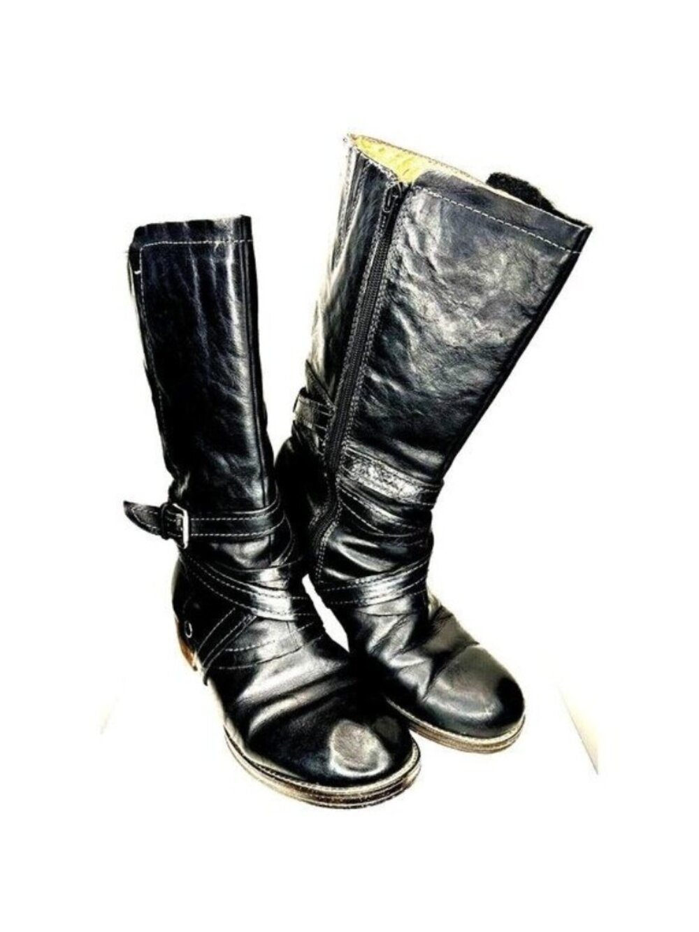 Naya Saber Womens 8M Black Leather Riding Boots Side Zip Heel Buckle Mid Calf